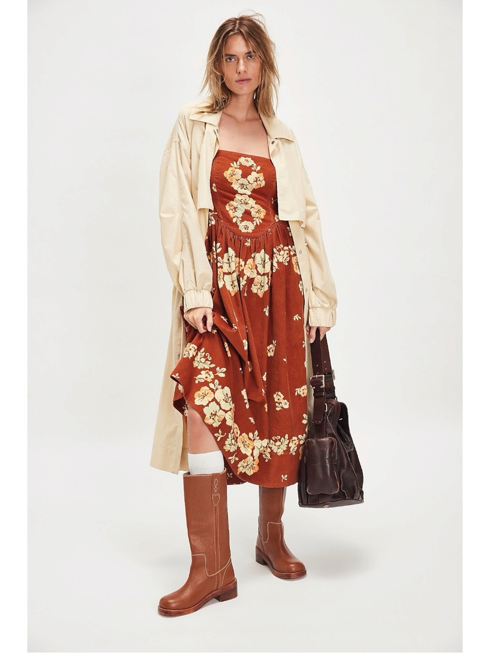 Free People Dainty Cottage Micro Corduroy Until Dawn Midi Dress Brown Large - Picture 4 of 17